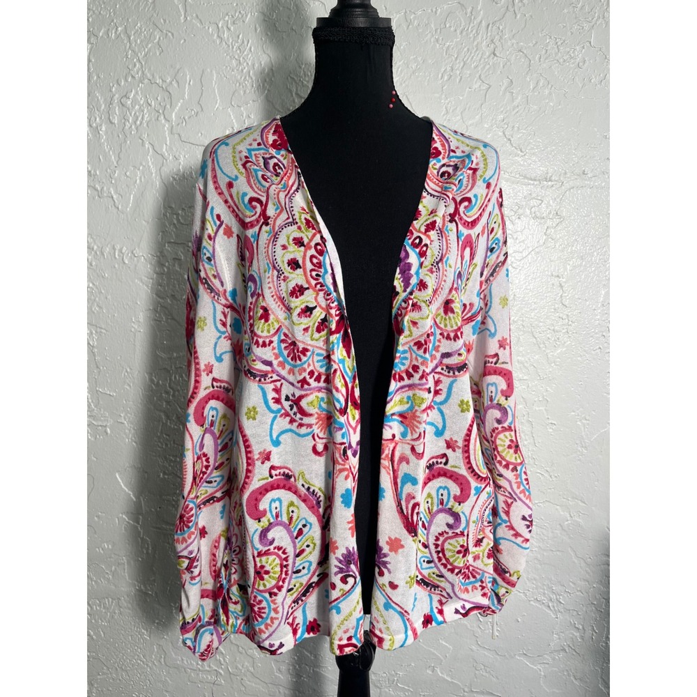 Chico's Size 2 L Colorful Paisley Open Front Draped Cardigan Cotton Blend